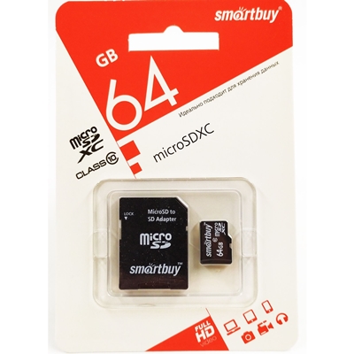 Карта памяти micro SDHC Smartbuy 64GB Class 10 (с адаптером SD)
