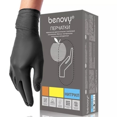 Перчатки нитрил BENOVY 50пар/уп черные L, цена за уп